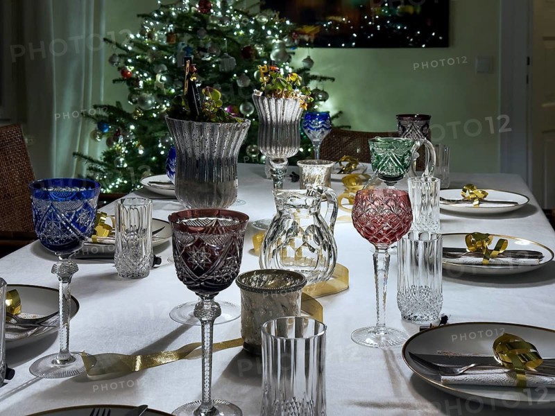 Christmas table decoration with various glasses and carafes