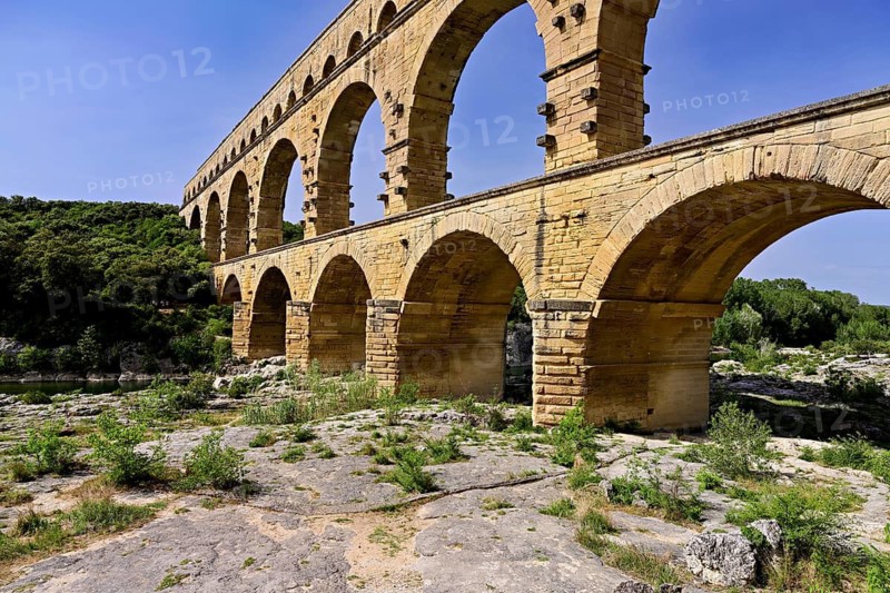 Roman aqueduct of the Pont du Gard, on the Gardon river, UNESCO World Heritage Site, Languedoc-Roussillon, France