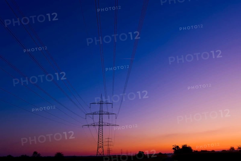 Transmission lines in front of sunset, power line, electricity, energy