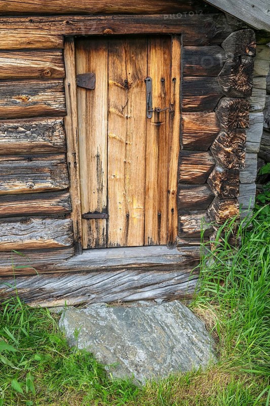 Door of a traditional wooden hut, Alvdal, Hedmark, Innlandet, Norway, June 2026