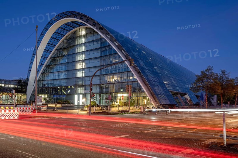 BBCC Berliner Bogen Conference Center at blue hour with light strips of vehicles in the foreground, Hammerbrook, Hamburg, Germany