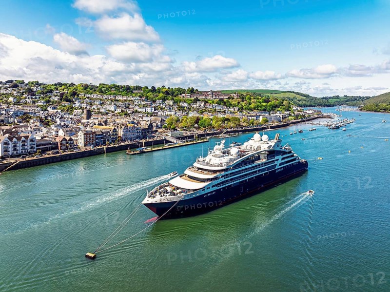 Le Bellot cruising ship on River Dart from a drone, Ponant Explorers, Dartmouth and Kingswear, River Dart, Devon, England, United Kingdom