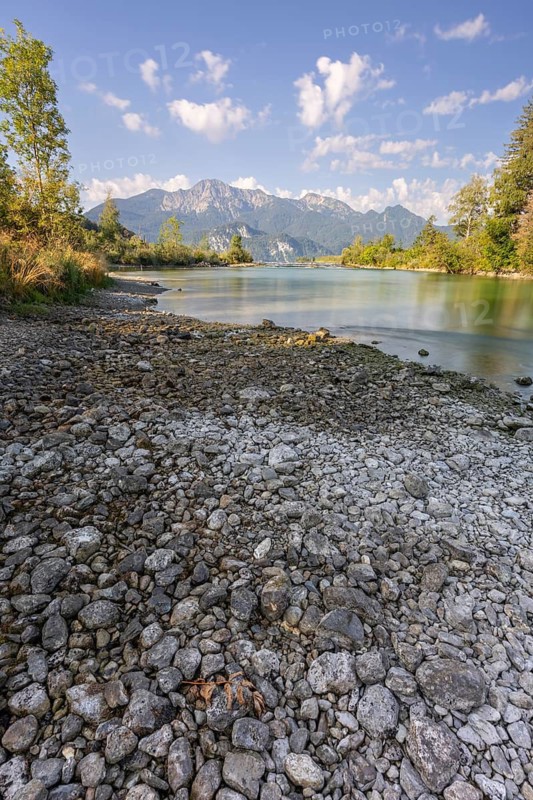 River, riverbed, trees, mountains, gravel, sunny, low tide, drought, August 2026, climate change, Loisach, Kochel, behind Herzogstand, Heimgarten, Bavarian Alps, Alpine foothills, Bavaria, Germany