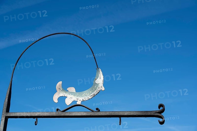 Nose sign with fish figure, Fraueninsel, Chiemsee, Upper Bavaria, Bavaria, Germany