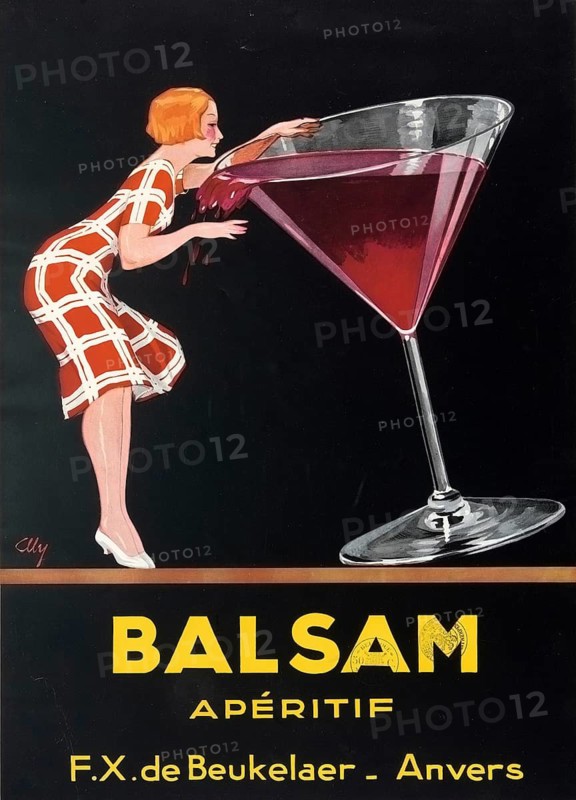 Advertising poster, beverage advertisement, poster advertising Balsam Apéritif, an alcoholic beverage. The artwork depicts a woman in a red and white checkered dress leaning over a huge martini glass. Balsam aperitif au quinquina, marketed as quinine-based wine, quinquina, authentic reproduction of a historical advertising poster, advertising sign, in high resolution