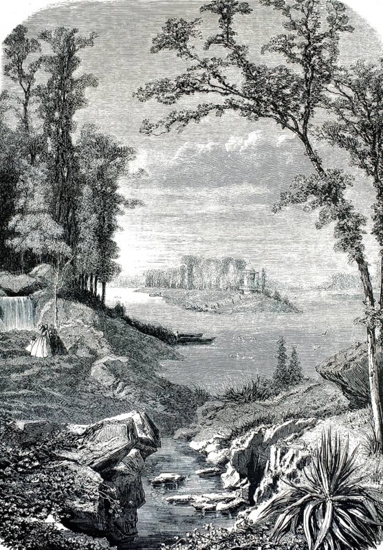 The picture shows the man-made lake Le Lac Inferieur in the Bois de Boulogne, a monumental man-made water feature dating from around 1860, France. On the left-hand side of the picture, the famous artificial cascade (Grande Cascade) plunges down. On the island in the lake (Île du Châlet), one can see, in the background, the delicate outlines of the historic park pavilion, as well as small rowing boats on the shore, which remain a landmark of this popular destination to this day, an authentic, high-resolution reproduction of a 19th-century original, exact date of the depiction unknown, historical