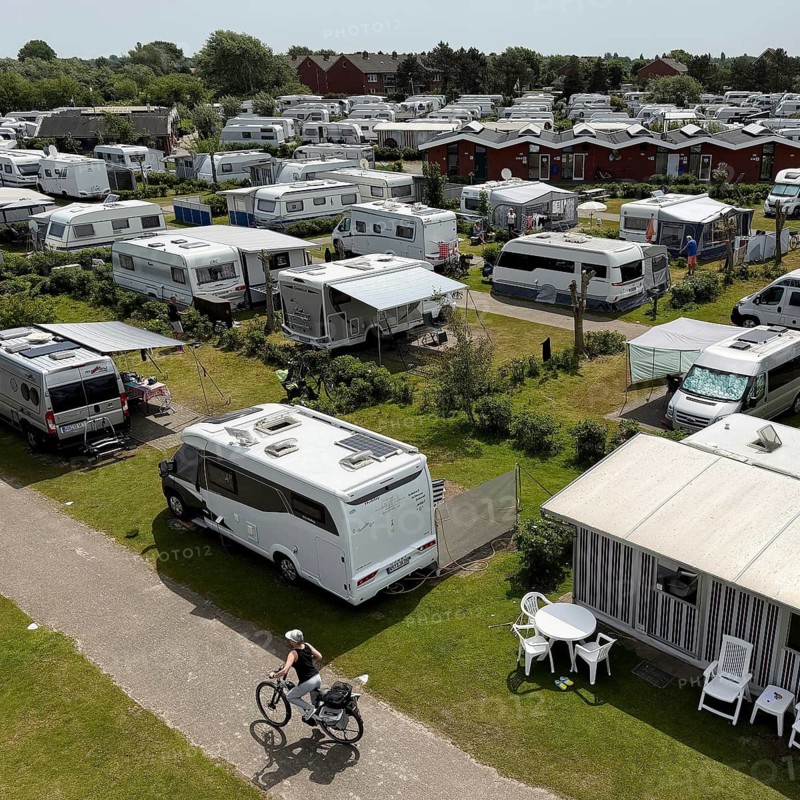 Elevated view of a campsite on the North Sea island of Borzburg, East Frisia, Lower Saxony, Germany