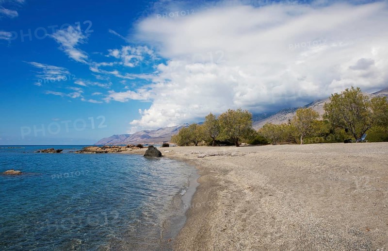 Beach in Frangokastello on the Libyan Sea, in the back the Leka Ori or White Mountains, Sfakia Municipality, Chania Regional District, Crete, Greece