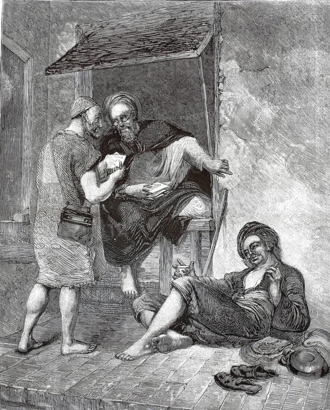 Postmaster General's office in Tangier. Everyday scene from 19th century Morocco, in which a messenger or postal official hands over a document for examination while another person lies relaxed on the ground, illustration, reproduction from a 19th-century model. Authentic, file restored for optimal use, exact date of submission unknown, historical