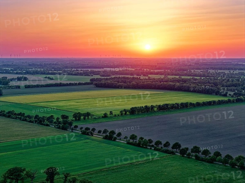 Sunset over the countryside near Dannefeld in the UNESCO Biosphere Reserve Drömling Saxony-Anhalt in the Altmark. aerial view. Dannefeld, Gardelegen, Saxony-Anhalt, Germany
