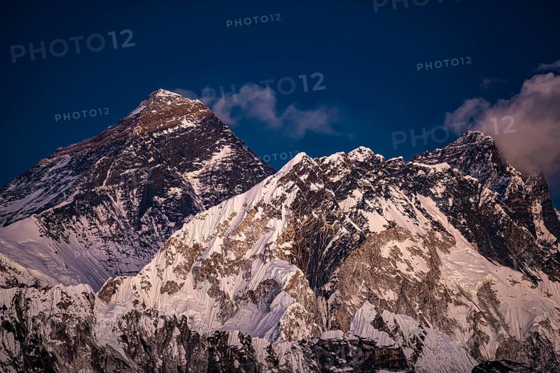 View from Renjo La Pass, 5360 m, of Mount Everest and Lhotse in the evening light, Solu Khumbu, Himalayas, Nepal