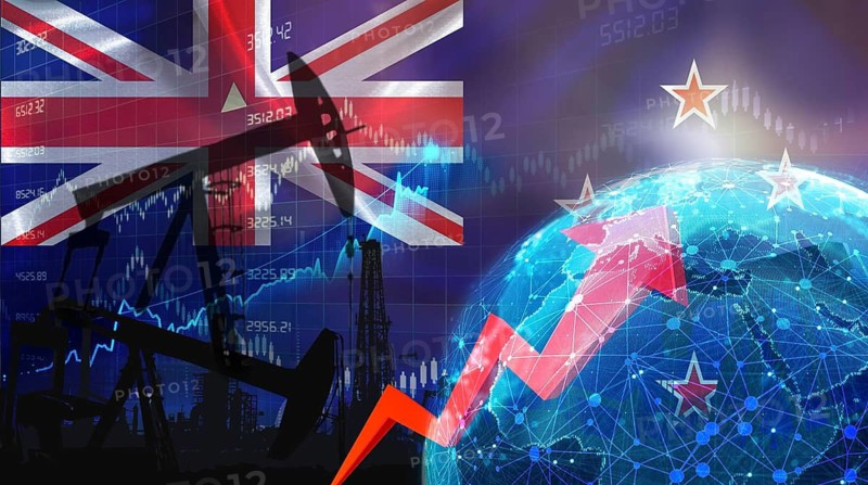 Global oil production with New Zealander flag. International oil exports with New Zealand flag on the economic chart