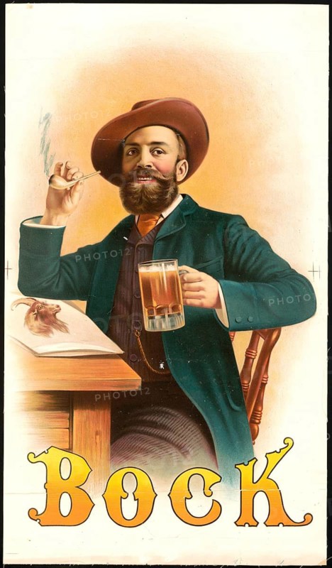 Advertising poster, beverage advertisement, bock beer poster from 1894, designed by Henry Jerome Schile. The motif shows a bearded man wearing a hat smoking and holding a jug of beer, next to a book with a picture of a goat, authentic reproduction of a historical advertising poster, advertising sign, in high resolution