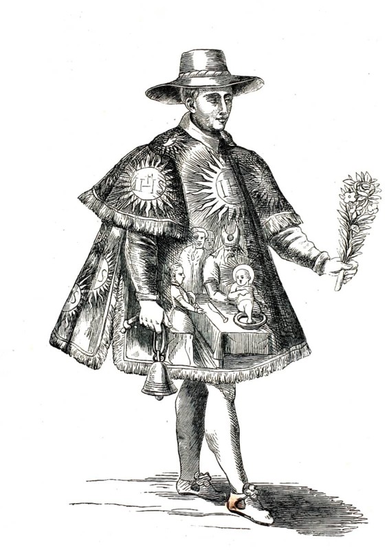 Illustration shows a 17th century French grace-caller, Crieur de Confréries, who was responsible for funeral processions. The figure wears a special cape, capa, which is decorated with religious motifs such as the IHS monogram and the sun. He holds a bundle of flowers while a funeral call bell is attached to his belt, authentic, high-resolution reproduction from a 19th-century original, exact date of depiction unknown, historical