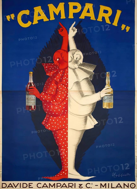 Advertising poster, beverage advertisement, advertising poster for Campari from 1921, designed by the famous artist Leonetto Cappiello. The artwork depicts a divided figure, half red Harlequin and half white Pierrot, each holding a bottle of Campari Bitter and Campari Cordial, authentic reproduction of a historical advertising poster, advertising sign, in high resolution
