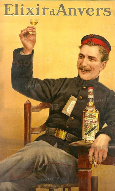 Advertising poster, beverage advertisement, advertising poster for Elixir d'Anvers from 1907 was designed by the Belgian artist Gerard Portielje. The scene shows a man in uniform raising a glass of yellow herbal liqueur to toast, authentic reproduction of a historical advertising poster, advertising sign, in high resolution