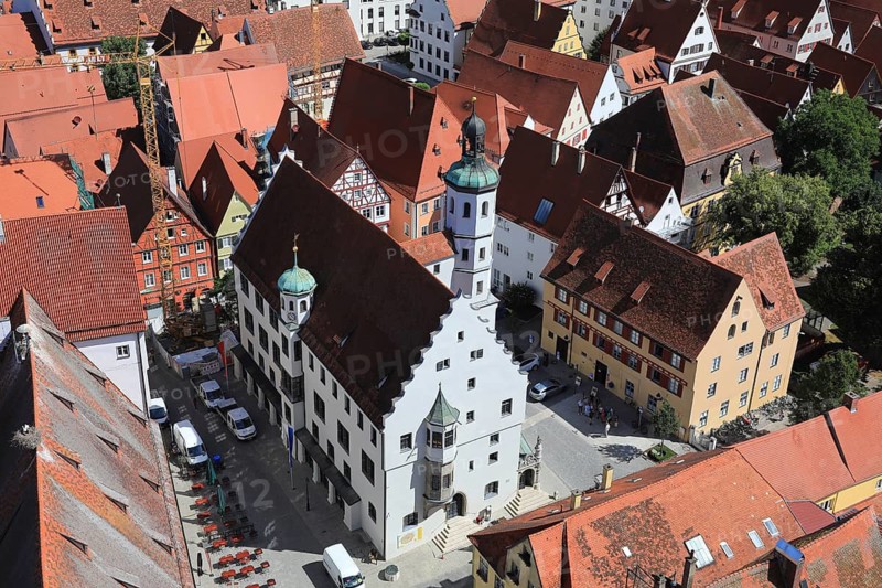 Old town and town hall, city view from above, from Daniel church tower, Nördlingen, Donau-Ries district, Swabia, Bavaria, Germany
