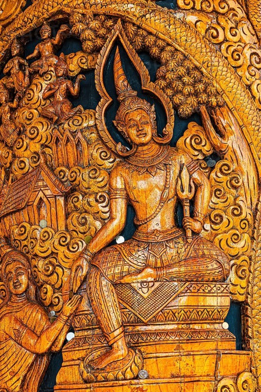 Column with filigree carving, Buddhist motifs, Wat Phra That Doi Suthep temple complex, Chiang Mai, Thailand