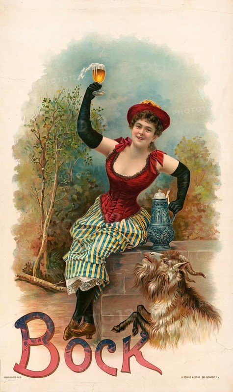 Advertising poster, beverage advertisement, bock beer advertising poster. The original poster, created around 1893, often bears the title Have one with me, buck. It shows a cheerful woman in a traditionally inspired party dress with a corset, lifting a foaming glass of bock beer. Sitting next to her is a goat, the traditional symbolic animal of this type of beer, authentic reproduction of a historical advertising poster, advertising sign, in high resolution