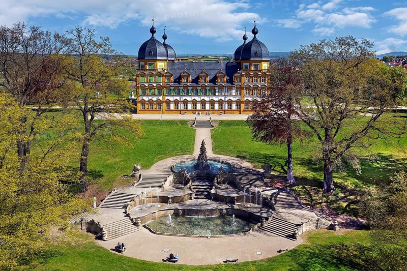 Aerial view, cascade and Seehof Castle, former summer residence of Bamberg prince-bishops, built 1687-1696, architect Antonio Petrini, Baroque, now Bavarian State Office for the Preservation of Monuments, the municipality of Memmelsdorf, Bamberg district, Upper Franconia, Bavaria, Germany