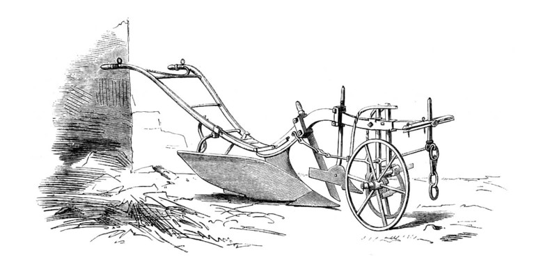 Historical engraving of a wheeled plough, Hornsby plough or swinging plough with front end, from the second half of the 19th century. Pflugsterz, stroking plate, sech and front car, authentic, high-resolution reproduction from a 19th century original, exact date of presentation unknown, historical