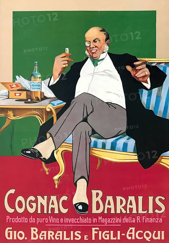 Advertising poster, beverage advertisement, advertising poster from Italy for cognac Baralis shows a wealthy gentleman with monocle sitting relaxed on a blue striped sofa, 1910, authentic reproduction of a historical advertising poster, advertising sign, in high resolution