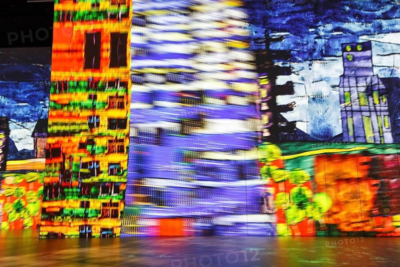Immersive exhibition, digital art, famous paintings, colorful projections on walls, pictures by Hundertwasser, motion blur, art museum, Port des Lumieres, Westfield Überseequartier, Hafencity, Hamburg, Germany