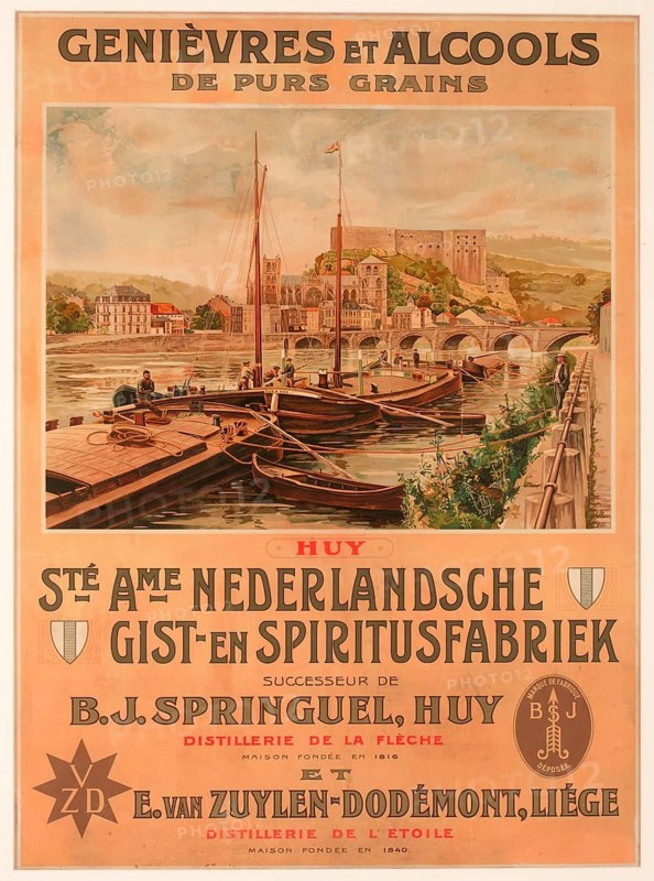 Advertising poster, beverage advertisement, advertising poster for the Nederlandsche Gist- en Spiritusfabriek showing the port of the Belgian town of Huy on the Meuse, 1907, authentic reproduction of a historical advertising poster, advertising sign, in high resolution