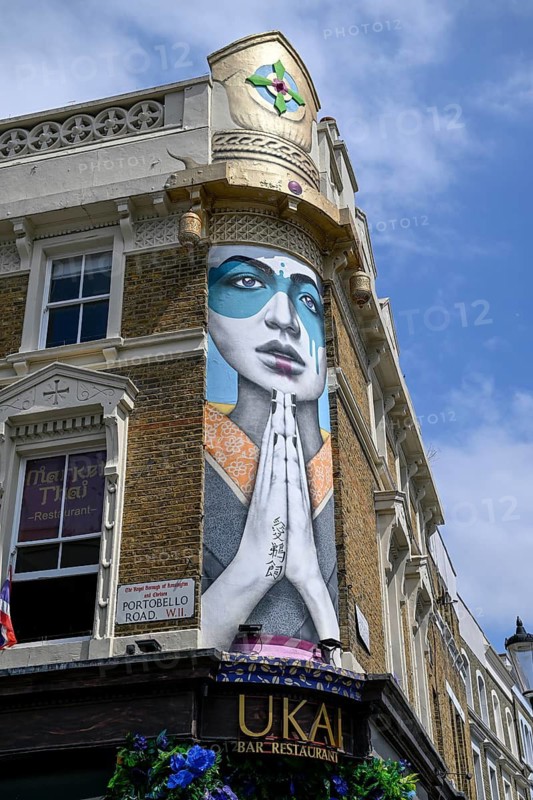 Detailed view of the large-format wall painting at the Ukai restaurant building, Portobello Road, Notting Hill, Royal Borough of Kensington and Chelsea, London, England, Great Britain, Great Britain