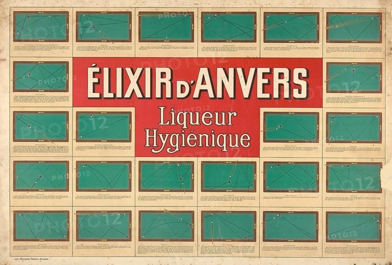 Advertising poster, beverage advertisement, advertising poster for the Belgian herbal liqueur Elixir d'Anvers, which was published around 1900. The poster was published by the distillery F.X. de Beukelaer in Antwerp. It shows billiard game instructions for the game Roquefort to promote the liqueur as a hygienic treat, authentic reproduction of a historical advertising poster, advertising sign, in high resolution