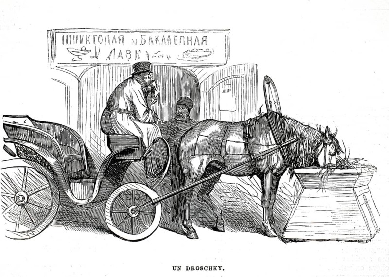 ), a traditional lightweight horse-drawn carriage of Russian origin, cab. A single horse eats relaxed from a wooden crib while stretched in front of the vehicle. Above the horse's neck is the typical, large wooden anchor, authentic, high-resolution reproduction from a 19th century model, exact date of depiction unknown, historical