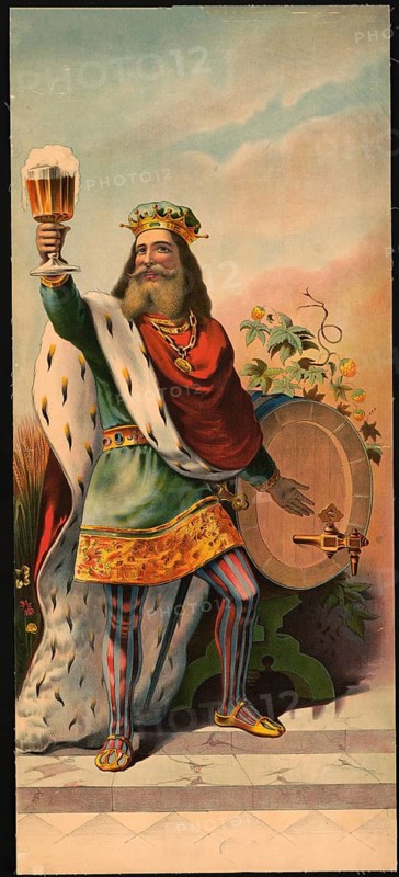 Advertising poster, beverage advertisement, a traditional depiction of King Gambrinus, the legendary inventor of beer in Europe, holding up a glass of beer. The illustration is a lithograph from 1884 showing the king in royal robes next to a barrel. advertising sign for breweries, authentic reproduction of a historical advertising poster, advertising sign, in high resolution