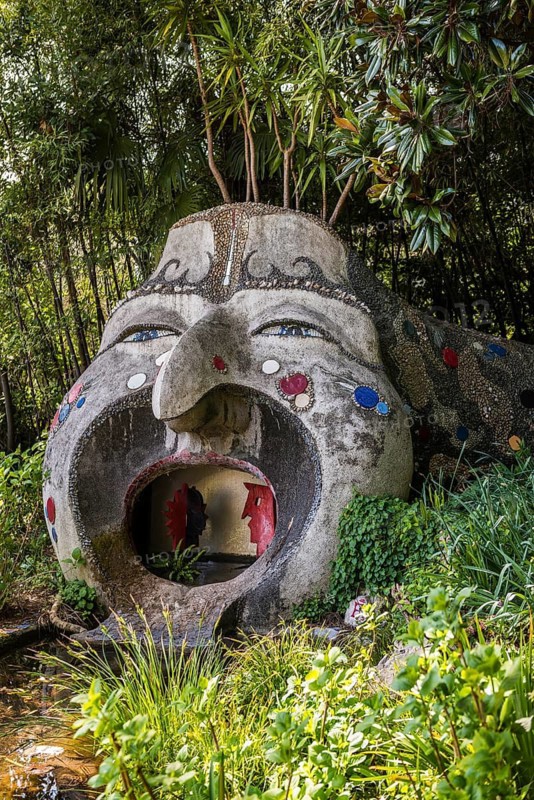 Botanical garden with sculptures in spring, artist Rudolf Hirt, Heller Garden, Andre Heller, Gardone Riviera, Lake Garda, Brescia province, Lombardy region, Italy