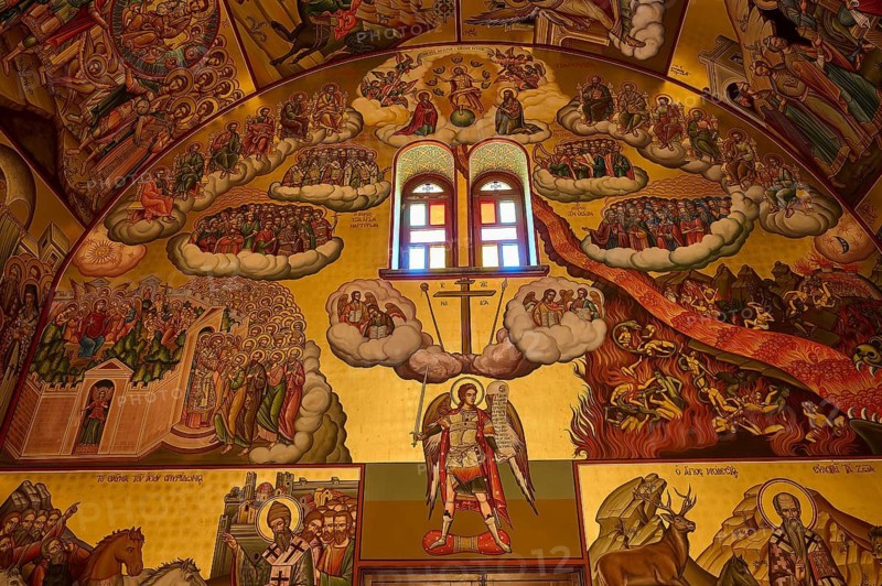Agiou Sarvas monastery, Agion Pandon church, colorful fresco with religious scenes and a glowing window, Pothia, main town, port, Kalymnos, Sponge Diving Island, Dodecanese, Greek Islands, Greece