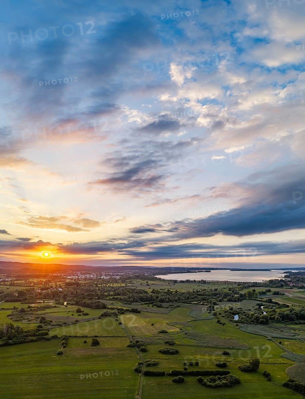 Morning atmosphere on Lake Constance. Sunrise in the Zeller Aachried nature reserve. aerial view. Radolfzell, Baden-Württemberg, Germany