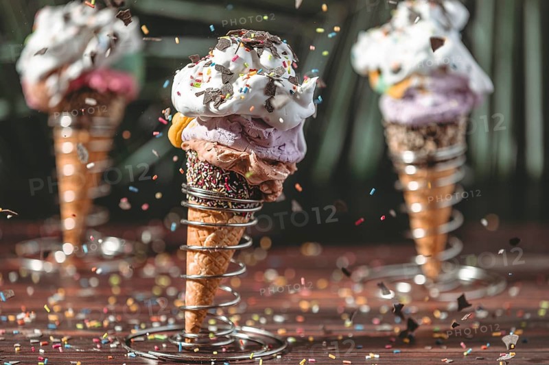 Sprinkles fall on colorful ice cream in waffles in metal holders with cream