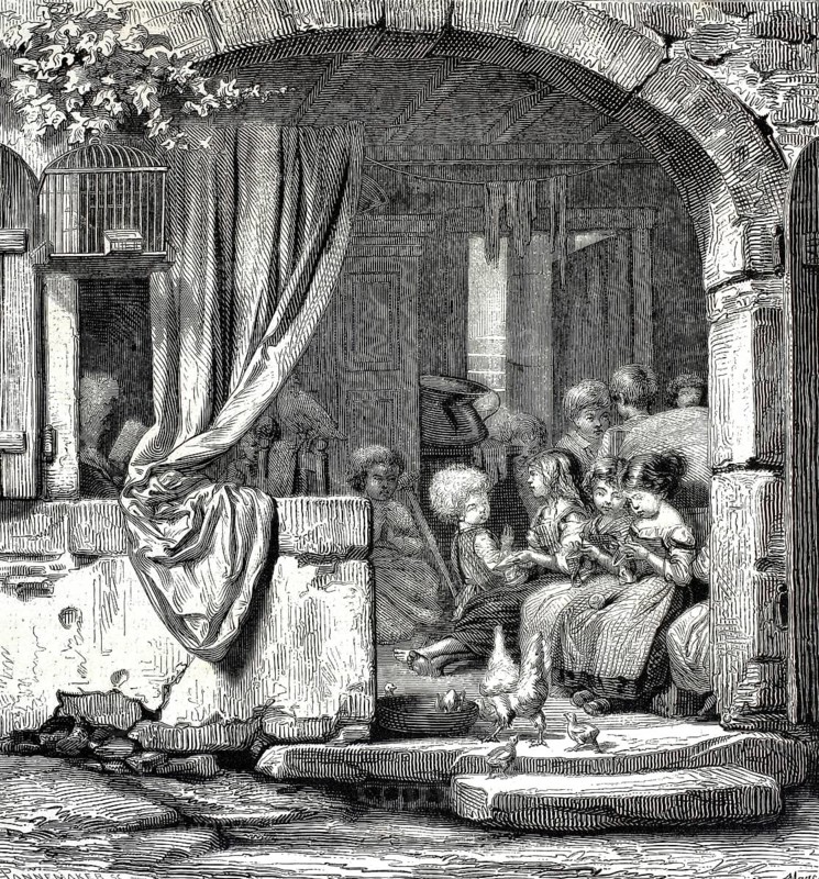 Picture shows a so-called Dame School, a private form of elementary education common in England and North America in the 19th century. Older woman or widows, the Dames, usually taught neighboring children reading, writing and handwork directly in their own home or in an open gatehouse for a small fee. Chickens peck in the foreground, while in the background a group of children sit together and are guided by the teacher, authentic, high-resolution reproduction from a 19th century model, exact date of presentation unknown, historical