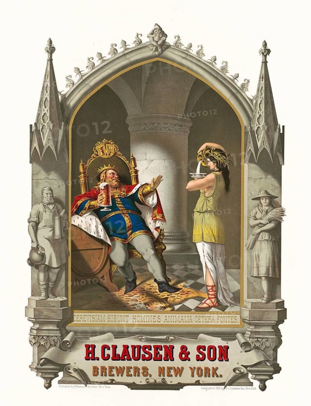 Advertising poster, beverage advertisement, advertising poster designed by German artist Moritz Ulffers and published around 1876. The picture shows King Gambrinus, a legendary figure often associated with brewing beer, enjoying a large pitcher of beer. The scene is accompanied by the Latin saying Cerevisiam bibunt homines, animalia cetera fontes, which translated means people drink beer, the rest of the animals drink springs. It is an advertisement for the H. Clausen & Son brewery from New York, authentic reproduction of a historical advertising poster, advertising sign, in high resolution