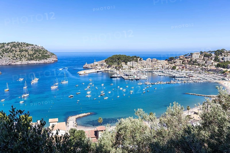 Port de Soller in Majorca from above Seaside Beach Marina with boats Trip in Spain