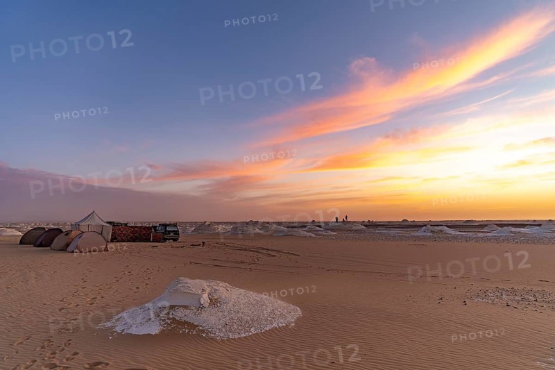 Sunset at a tented camp in the White Desert National Park in the Egyptian part of the Libyan Desert, Egypt