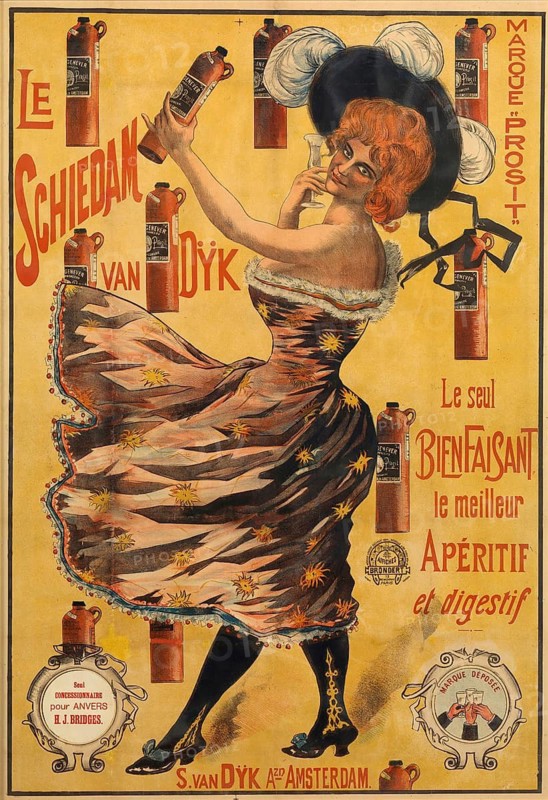 Advertising poster, beverage advertisement, poster promotes Le Schiedam van Dyk, a gin from 1900, and shows an elegantly dressed woman in a dress with star pattern holding a glass, authentic reproduction of a historical advertising poster, advertising sign, in high resolution
