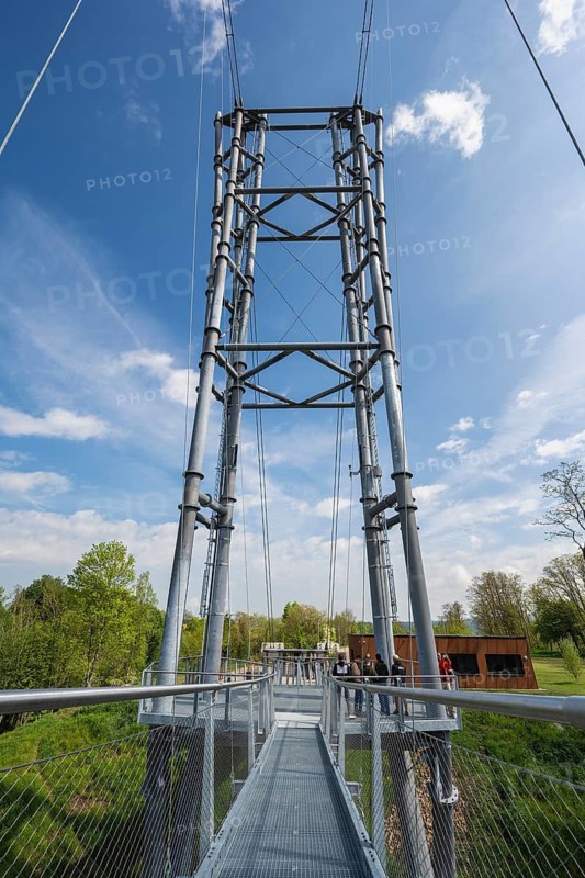 The 60-meter high and 185-ton Neckarline pylon, a suspension bridge up to 60 meters high with a wingspan of 606 meters above the Neckar Valley. The tourist attraction, built from a total of 444 tons of steel, serves to connect the historic old town and Bernese Field, where the 246 meter high TK Elevator test tower with the highest viewing platform in Germany is located. The Neckarline is the longest suspension bridge in southern Germany, Rottweil, Baden-Württemberg, Germany