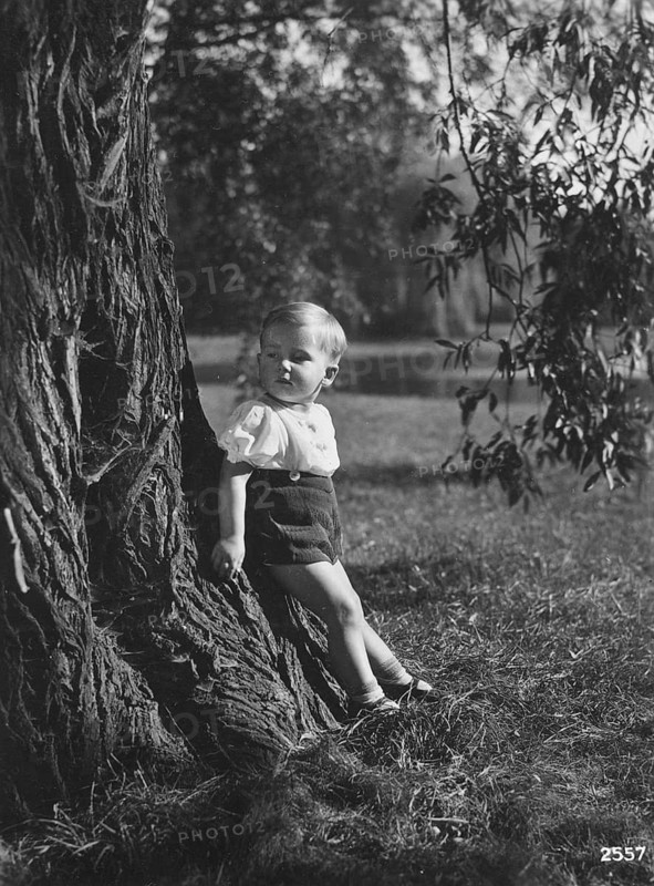 Little boy leaning against a tree, 1940s, Germany