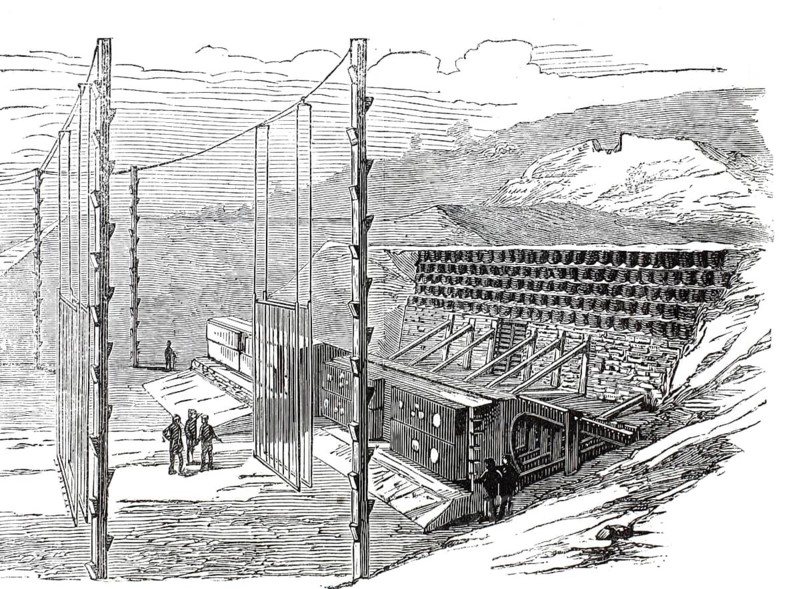 Tests of armor plates and guns in La Spezia, Italy, 1876, testing of a 100-ton gun against reinforced targets, here in front of testing, illustration, reproduction of a model from the 19th century. Authentic, file restored for optimal use, exact date of submission unknown, historical