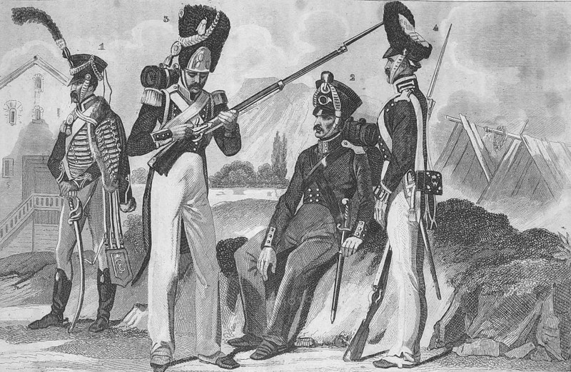 Traditional clothing styles and culture from the 19th century. Military uniforms from Germany. Figure 1 (left) : A soldier in a magnificent hussar or cavalry uniform with elaborate braiding (soutache) on the chest, close-fitting riding breeches and a curved sabre, Saxony-Weimar. Figures 3 & 4 (centre left & right) : Infantrymen wearing tall bearskin caps, as typically worn by elite units, grenadiers or guard regiments, Saxony. Figure 2 (seated in the centre) : A soldier or non-commissioned officer in a simpler service uniform with a characteristic shako, Brunswick, illustration, reproduction of a 19th-century original. Authentic, file restored for optimal use, exact date of the original unknown, historical