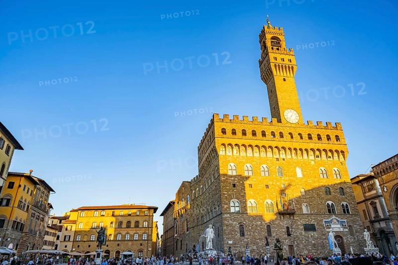 Palazzo Vecchio at sunset, UNESCO World Heritage Site, Piazza della Signoria, Florence, Tuscany, Italy