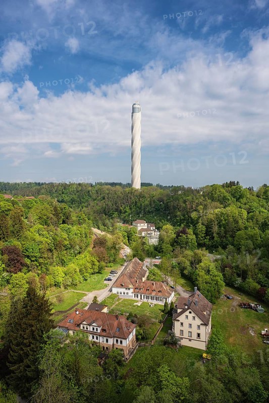 View from the Neckar line over the wooded Neckar Valley to the 246 meter high TK Elevator Test Tower with the highest viewing platform in Germany, Rottweil, Rottweil district, Baden-Württemberg, Germany