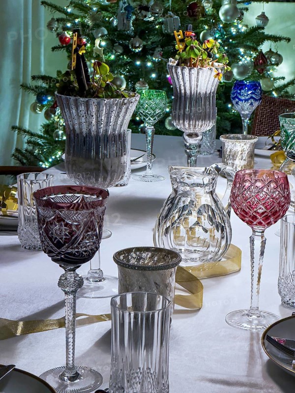 Christmas table decoration with various glasses and carafes
