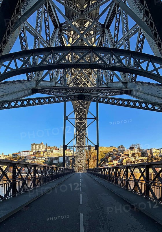 Ponte Dom Luis I arched bridge designed by Théophile Seyrig, viewed from the lower level towards Porto, Portugal