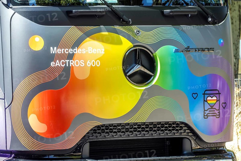 A moving truck is pulled by a fully electric eActros 600 truck from Mercedes-Benz. CSD demo in Stuttgart, Baden-Württemberg, Germany